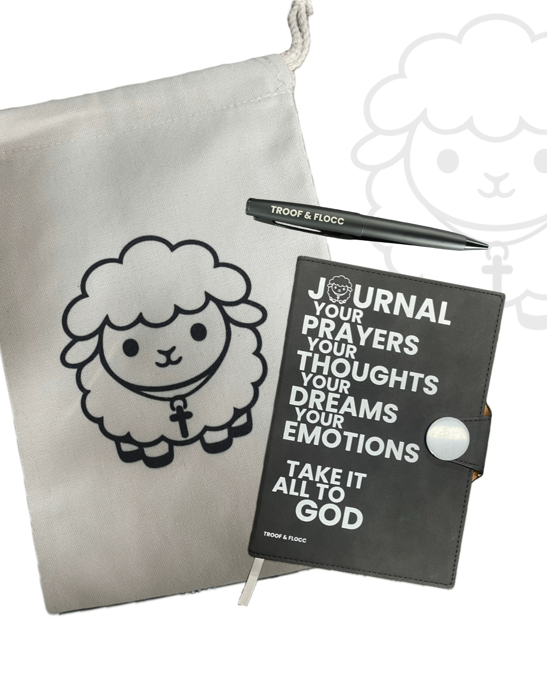 My Psalm Journal Set with sheep artwork, black journal cover, and pen.